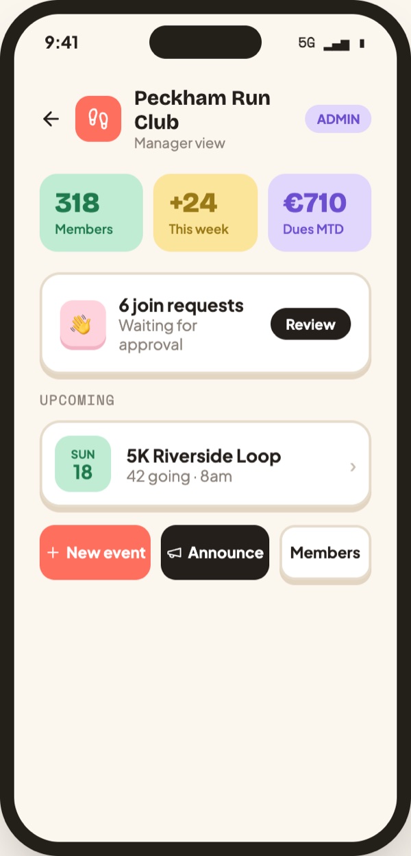 Rally app — Club dashboard
